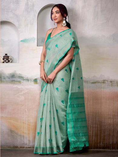 Artistic Green Cotton Weaving Festival Wear Saree With Blouse